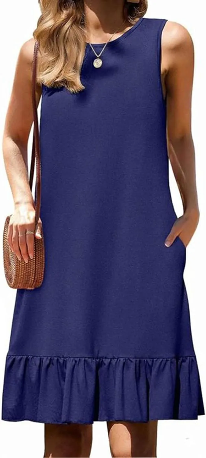 LEMONONSTORE Summer Sleeveless Shift Tunic Dresses fotr Women Casual Loose Fit Ruffle Trim A Line Midi Dress with Pockets