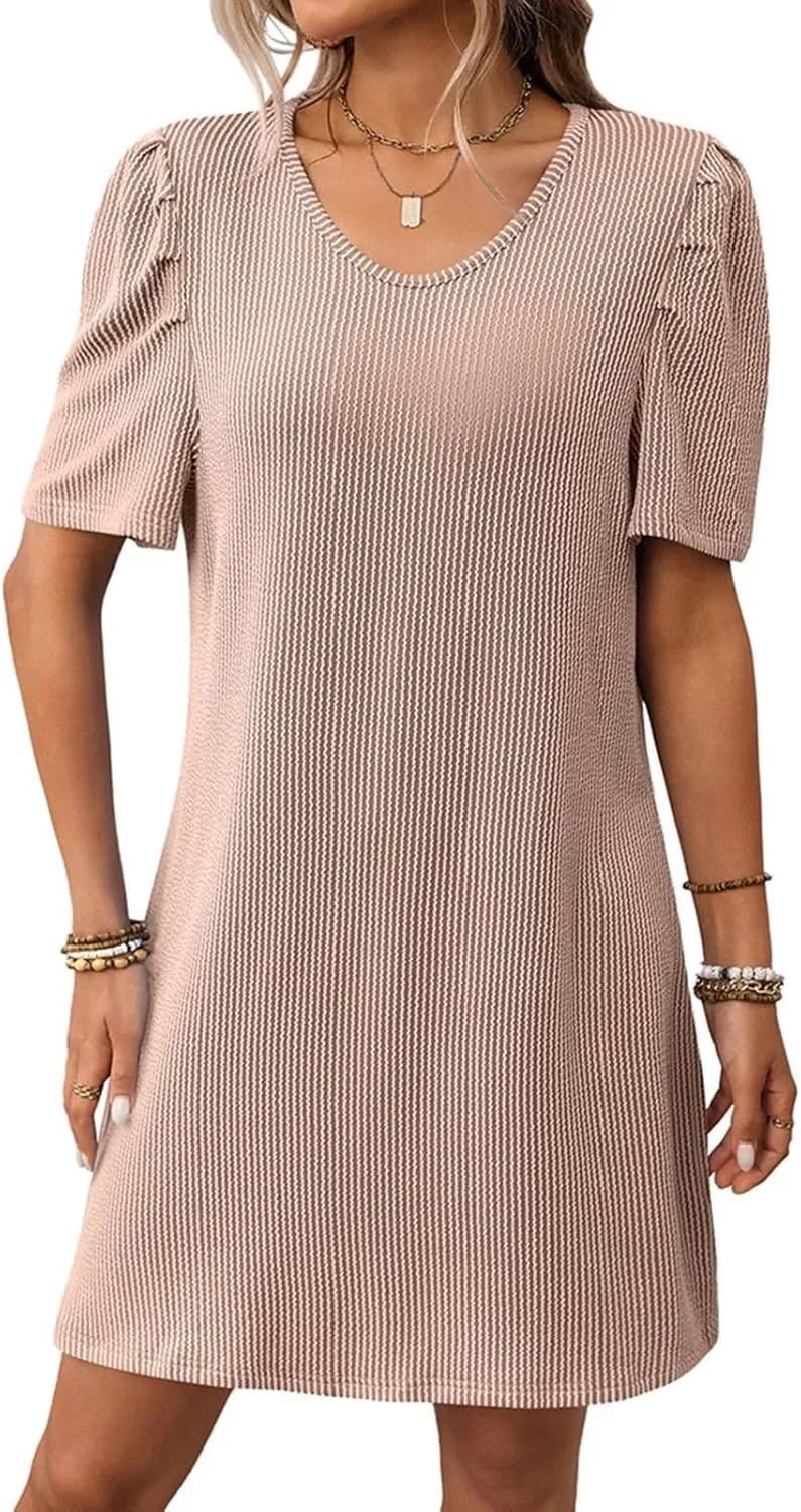 LEMONONSTORE Womens Casual Striped Mini Dress Puff Sleeve Summer Shift Tunic Dresses Loose Fit Everyday Wear Casual Wear