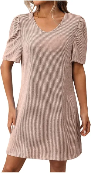 LEMONONSTORE Womens Casual Striped Mini Dress Puff Sleeve Summer Shift Tunic Dresses Loose Fit Everyday Wear Casual Wear