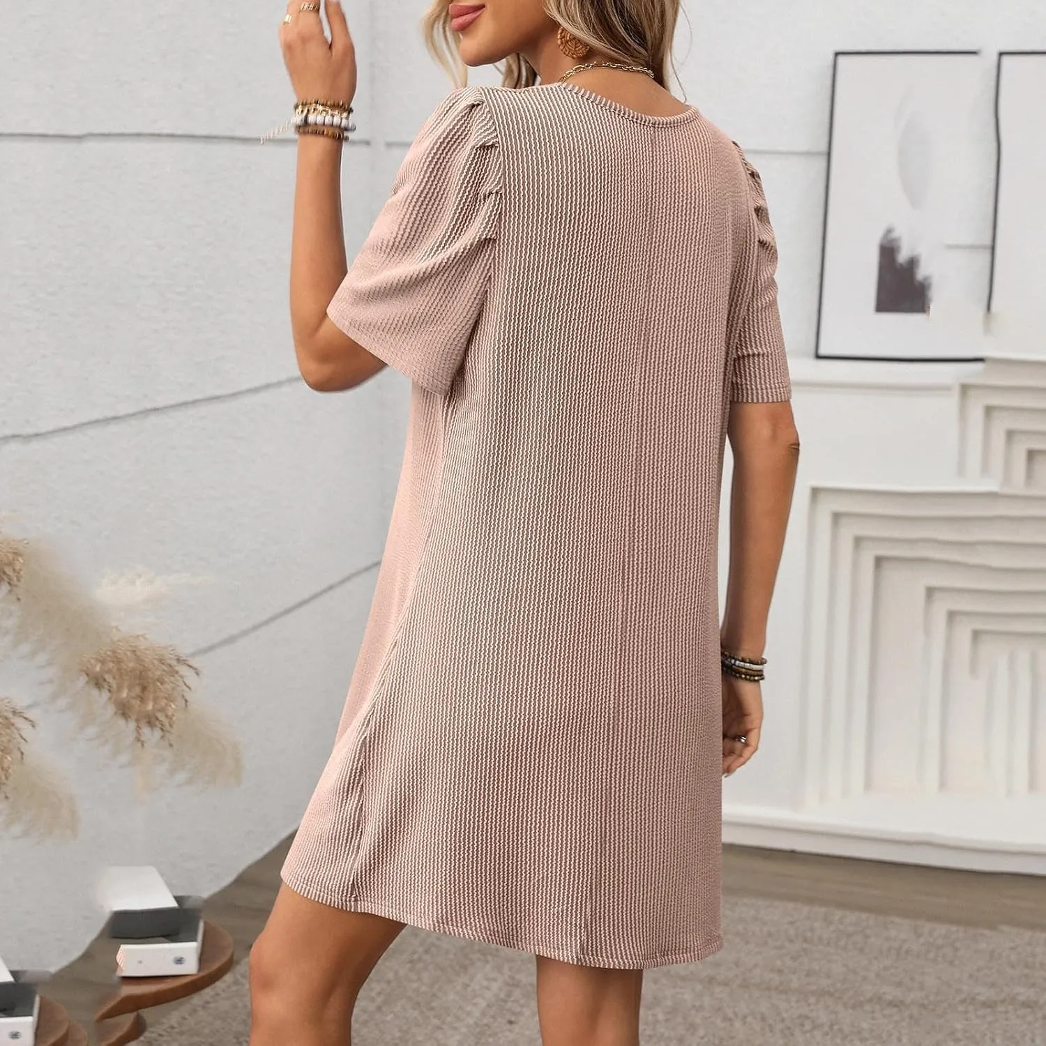 LEMONONSTORE Womens Casual Striped Mini Dress Puff Sleeve Summer Shift Tunic Dresses Loose Fit Everyday Wear Casual Wear