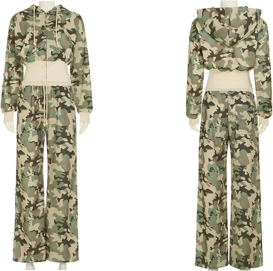 LETSVDO Women's 2 Piece Outfits Sweatsuit Camo Zip Up Crop Hoodie Sweatshirt Y2k Wide Leg Camouflage Sweatpants Set