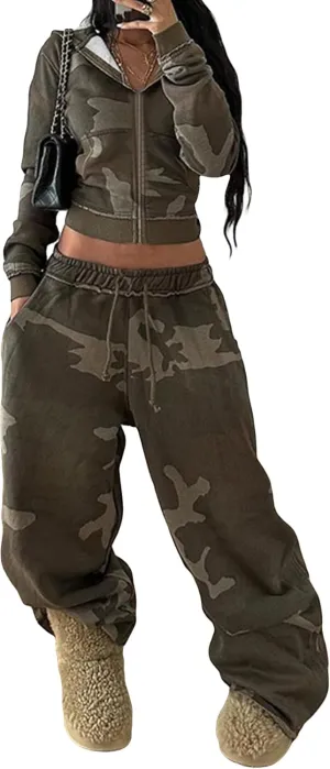LETSVDO Women's 2 Piece Outfits Sweatsuit Camo Zip Up Crop Hoodie Sweatshirt Y2k Wide Leg Camouflage Sweatpants Set