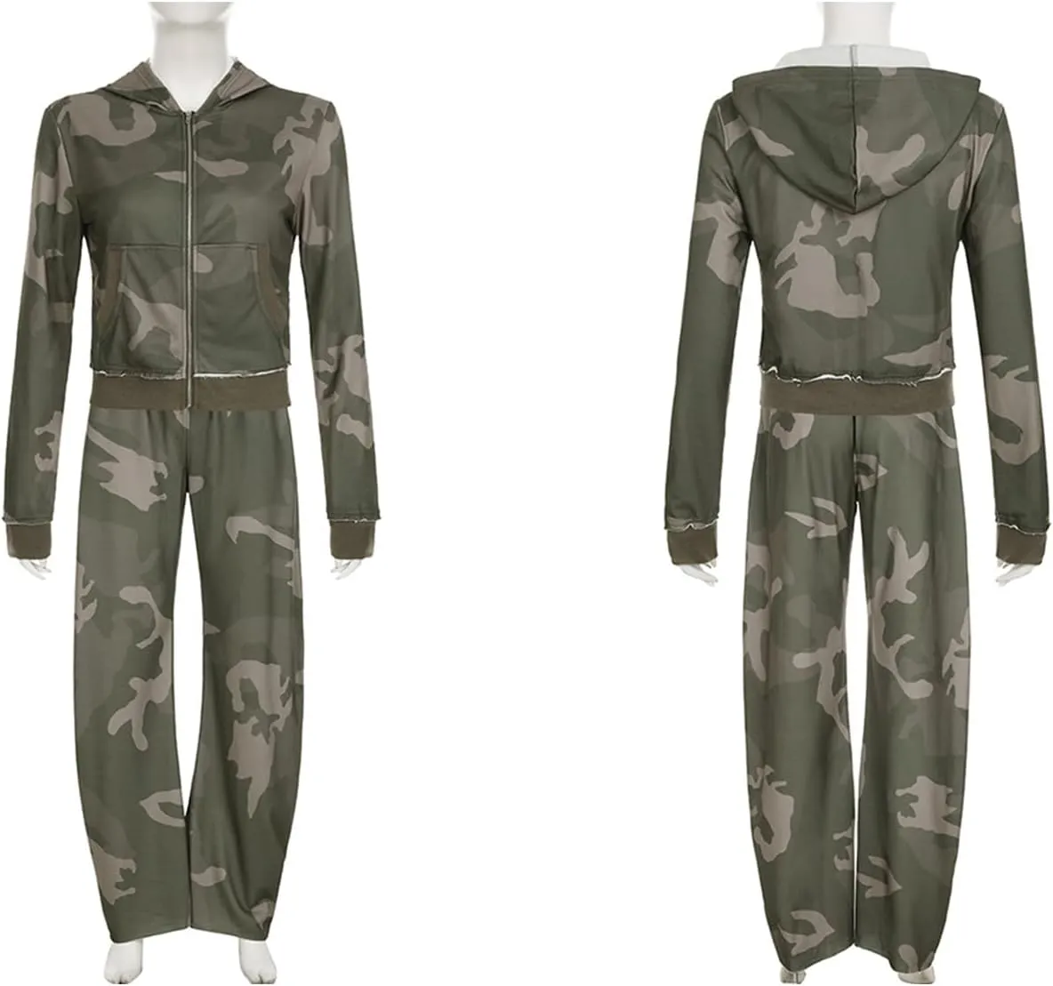 LETSVDO Women's 2 Piece Outfits Sweatsuit Camo Zip Up Crop Hoodie Sweatshirt Y2k Wide Leg Camouflage Sweatpants Set