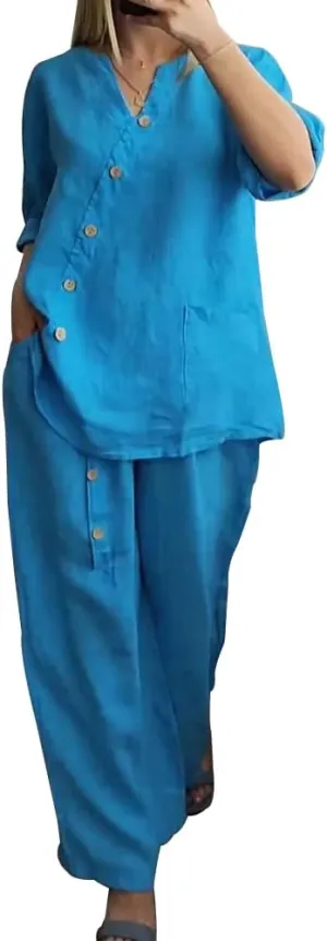Linen Outfits for Women 2 Piece Set Cotton Linen Pants Suits V Neck Button Long Sleeve Tops Wide Leg Pants