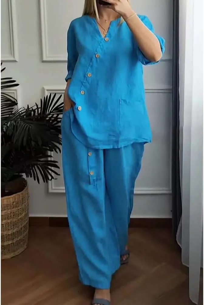 Linen Outfits for Women 2 Piece Set Cotton Linen Pants Suits V Neck Button Long Sleeve Tops Wide Leg Pants