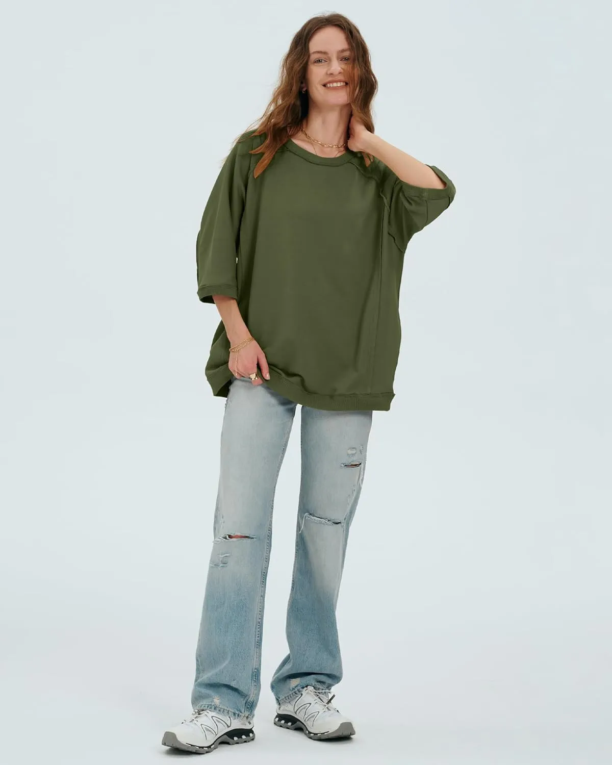 Locachy Women's Casual Crew Neck Sweatshirt Oversized 3/4 Sleeve Pullover Tops 2025 Fashion