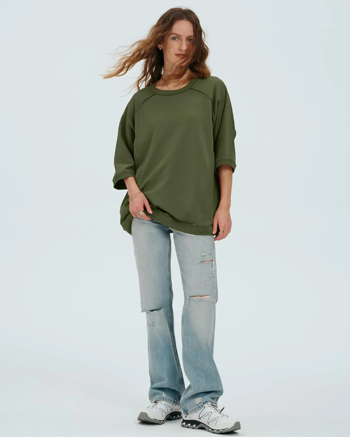Locachy Women's Casual Crew Neck Sweatshirt Oversized 3/4 Sleeve Pullover Tops 2025 Fashion