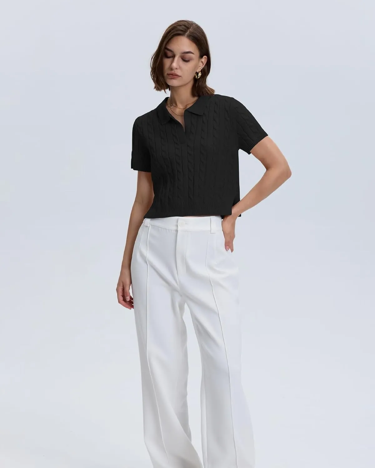 Locachy Womens Short Sleeve Cable Knit Crop Sweater Tops Casual Polo V Neck Pullover Sweater Shirt 2024