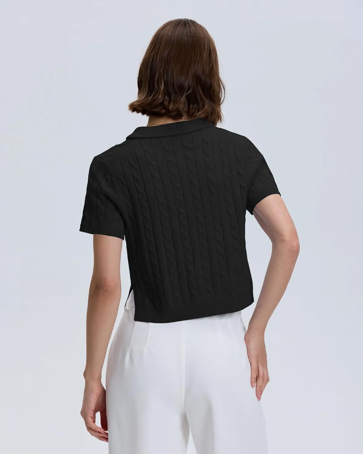 Locachy Womens Short Sleeve Cable Knit Crop Sweater Tops Casual Polo V Neck Pullover Sweater Shirt 2024