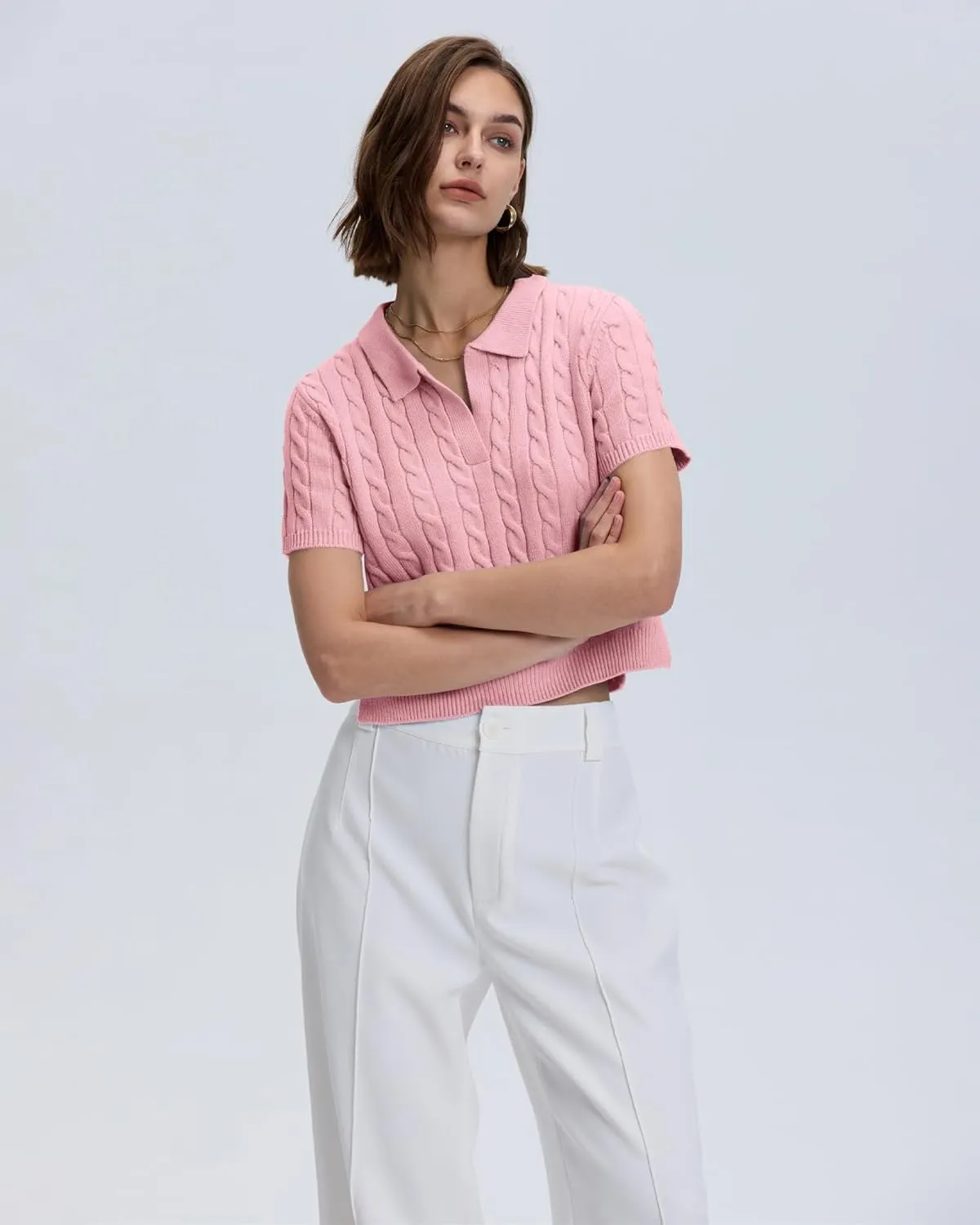 Locachy Womens Short Sleeve Cable Knit Crop Sweater Tops Casual Polo V Neck Pullover Sweater Shirt 2024