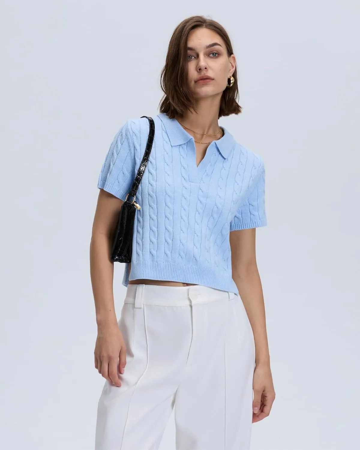 Locachy Womens Short Sleeve Cable Knit Crop Sweater Tops Casual Polo V Neck Pullover Sweater Shirt 2024