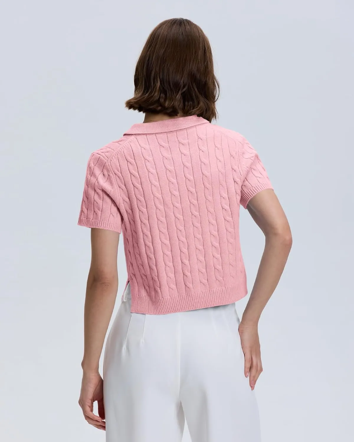 Locachy Womens Short Sleeve Cable Knit Crop Sweater Tops Casual Polo V Neck Pullover Sweater Shirt 2024