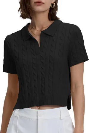 Locachy Womens Short Sleeve Cable Knit Crop Sweater Tops Casual Polo V Neck Pullover Sweater Shirt 2024