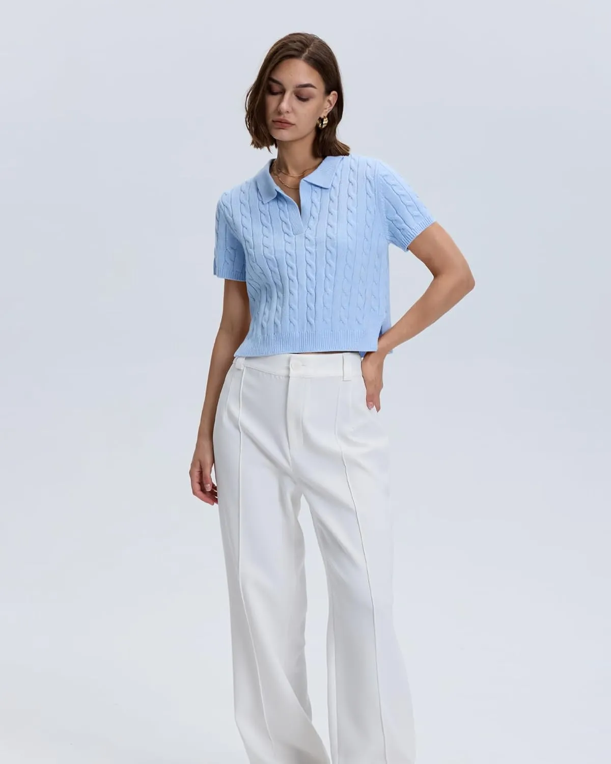 Locachy Womens Short Sleeve Cable Knit Crop Sweater Tops Casual Polo V Neck Pullover Sweater Shirt 2024