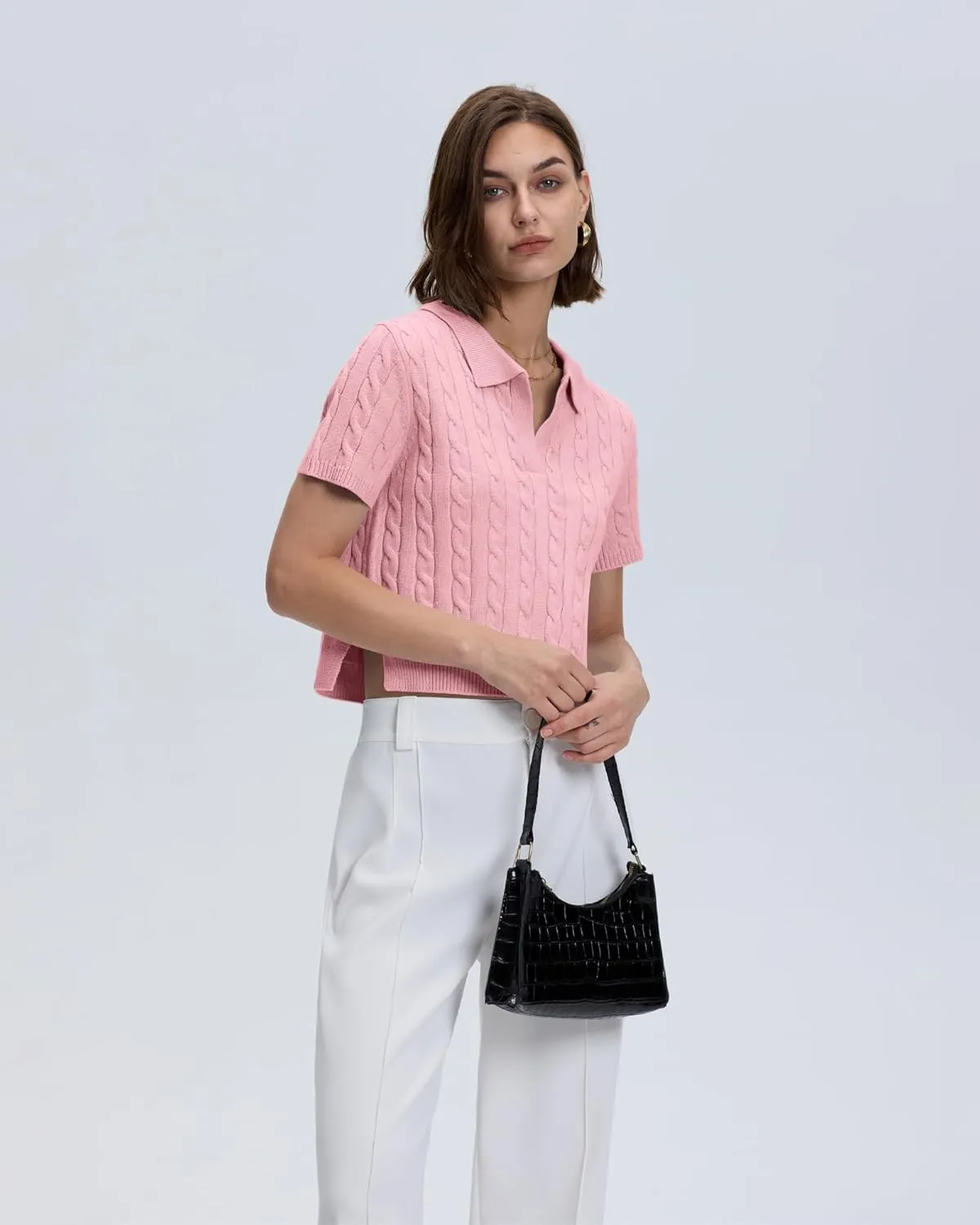 Locachy Womens Short Sleeve Cable Knit Crop Sweater Tops Casual Polo V Neck Pullover Sweater Shirt 2024