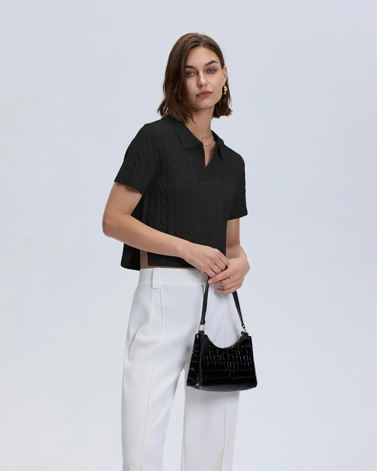 Locachy Womens Short Sleeve Cable Knit Crop Sweater Tops Casual Polo V Neck Pullover Sweater Shirt 2024