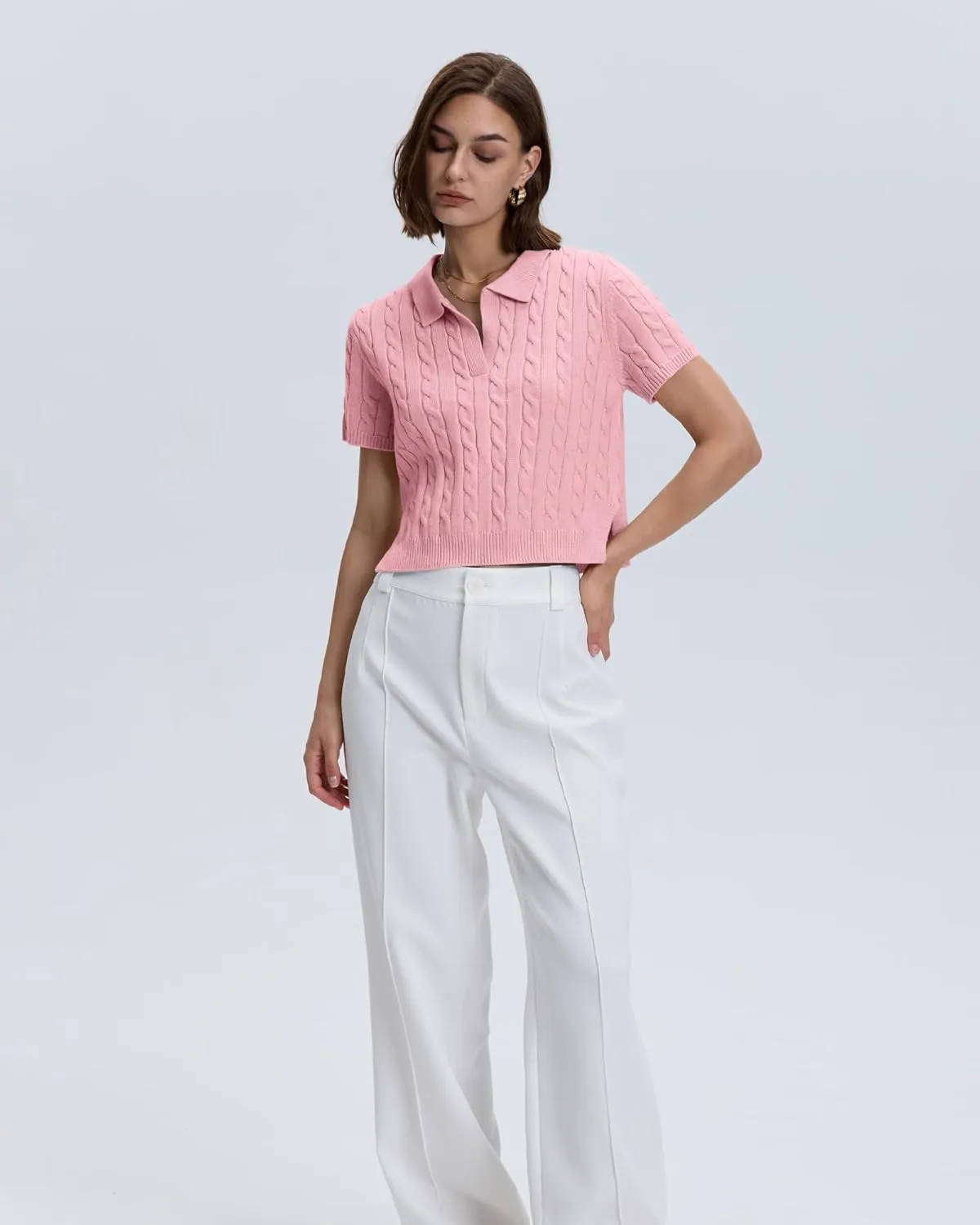 Locachy Womens Short Sleeve Cable Knit Crop Sweater Tops Casual Polo V Neck Pullover Sweater Shirt 2024