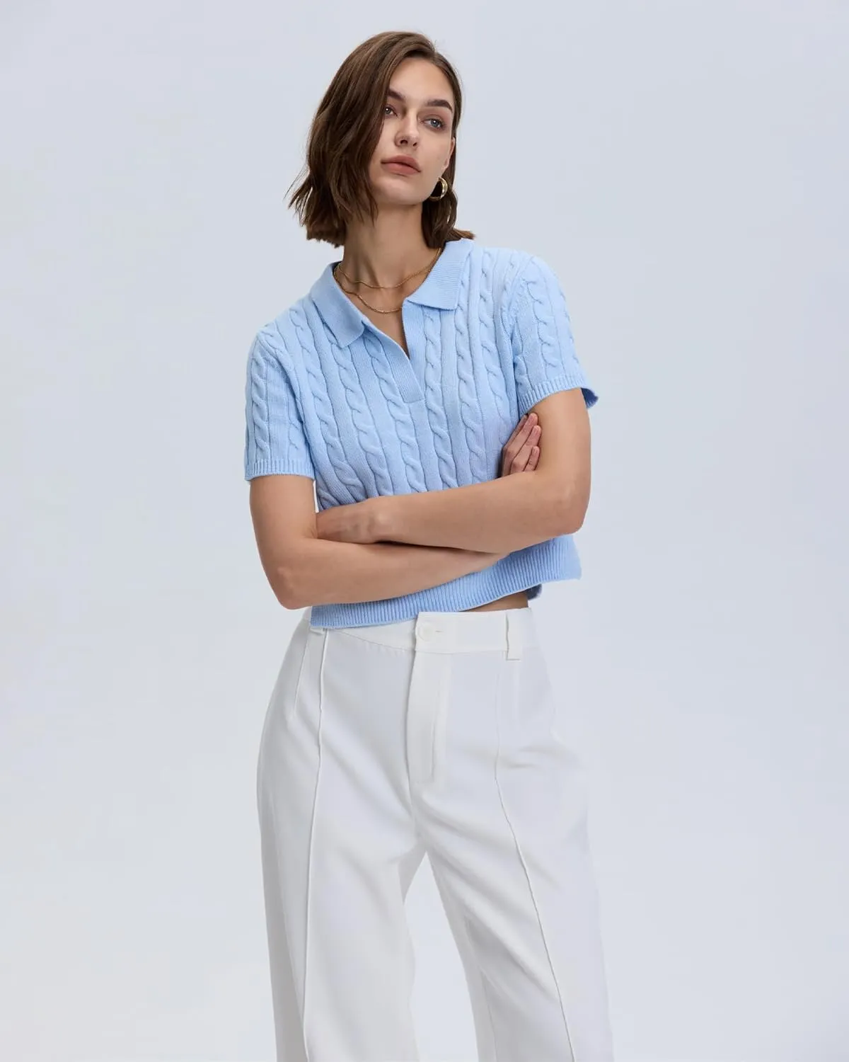 Locachy Womens Short Sleeve Cable Knit Crop Sweater Tops Casual Polo V Neck Pullover Sweater Shirt 2024
