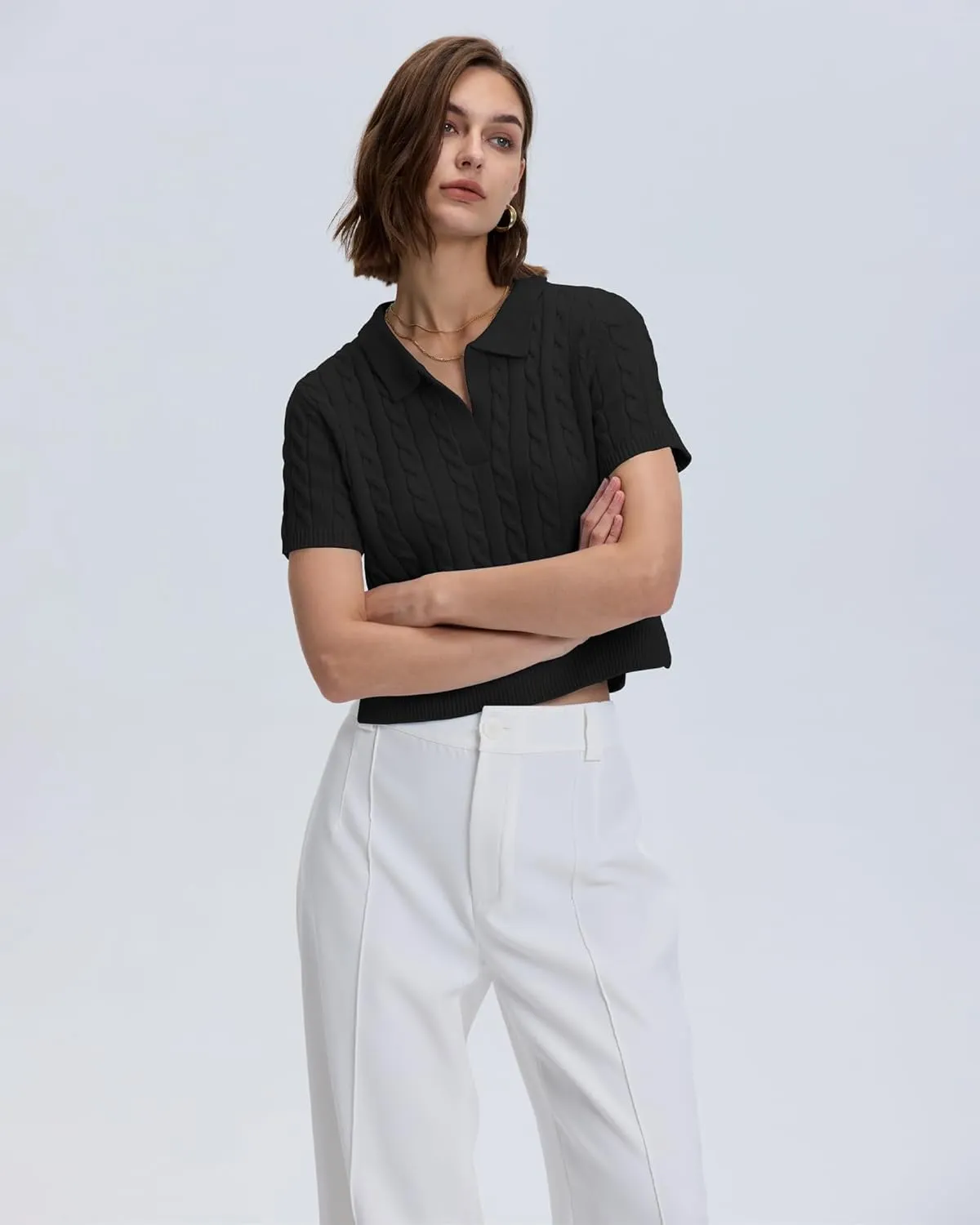 Locachy Womens Short Sleeve Cable Knit Crop Sweater Tops Casual Polo V Neck Pullover Sweater Shirt 2024