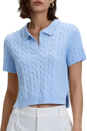 Locachy Womens Short Sleeve Cable Knit Crop Sweater Tops Casual Polo V Neck Pullover Sweater Shirt 2024