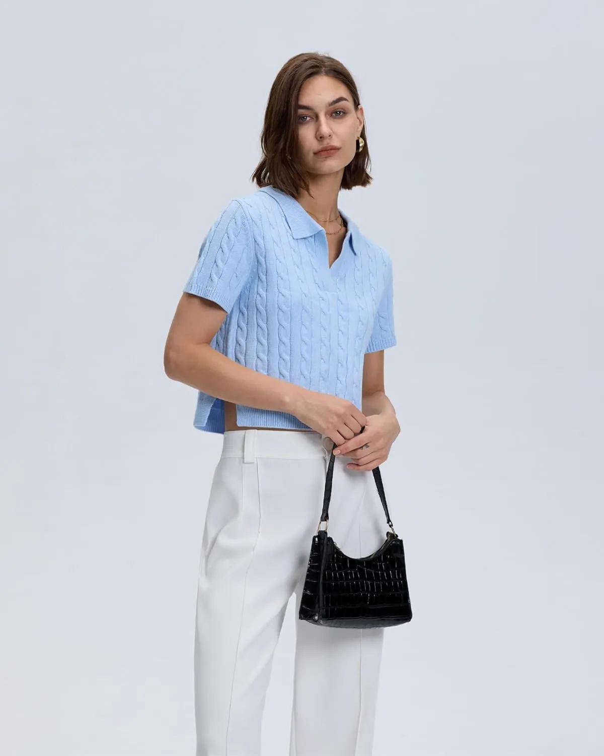 Locachy Womens Short Sleeve Cable Knit Crop Sweater Tops Casual Polo V Neck Pullover Sweater Shirt 2024