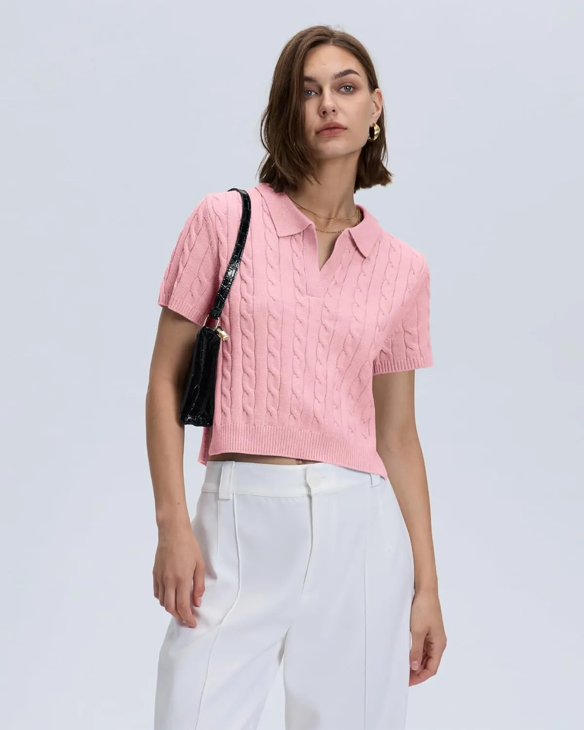 Locachy Womens Short Sleeve Cable Knit Crop Sweater Tops Casual Polo V Neck Pullover Sweater Shirt 2024