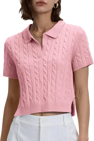 Locachy Womens Short Sleeve Cable Knit Crop Sweater Tops Casual Polo V Neck Pullover Sweater Shirt 2024