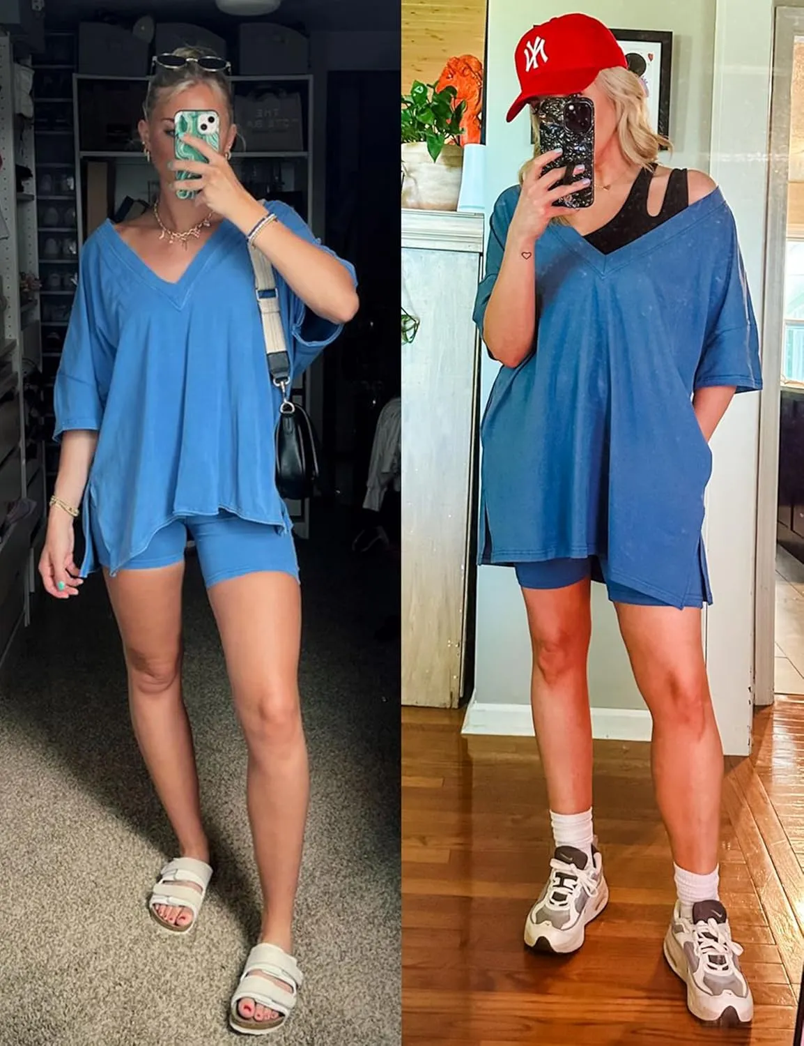 LTSCNRM 2 Piece Outfits for Women Reversible Oversized T Shirt Biker Shorts Sets Workout Tracksuit