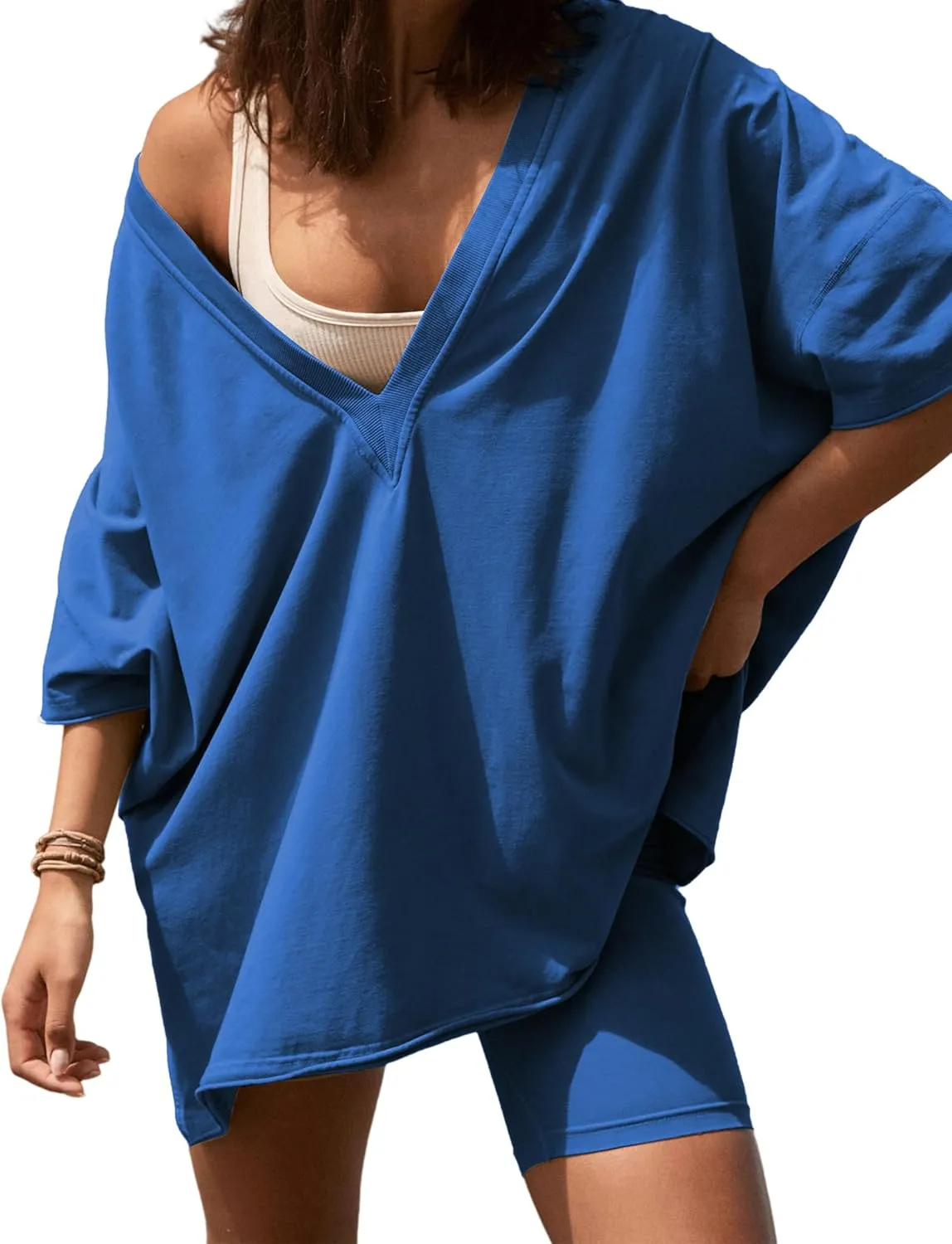 LTSCNRM 2 Piece Outfits for Women Reversible Oversized T Shirt Biker Shorts Sets Workout Tracksuit
