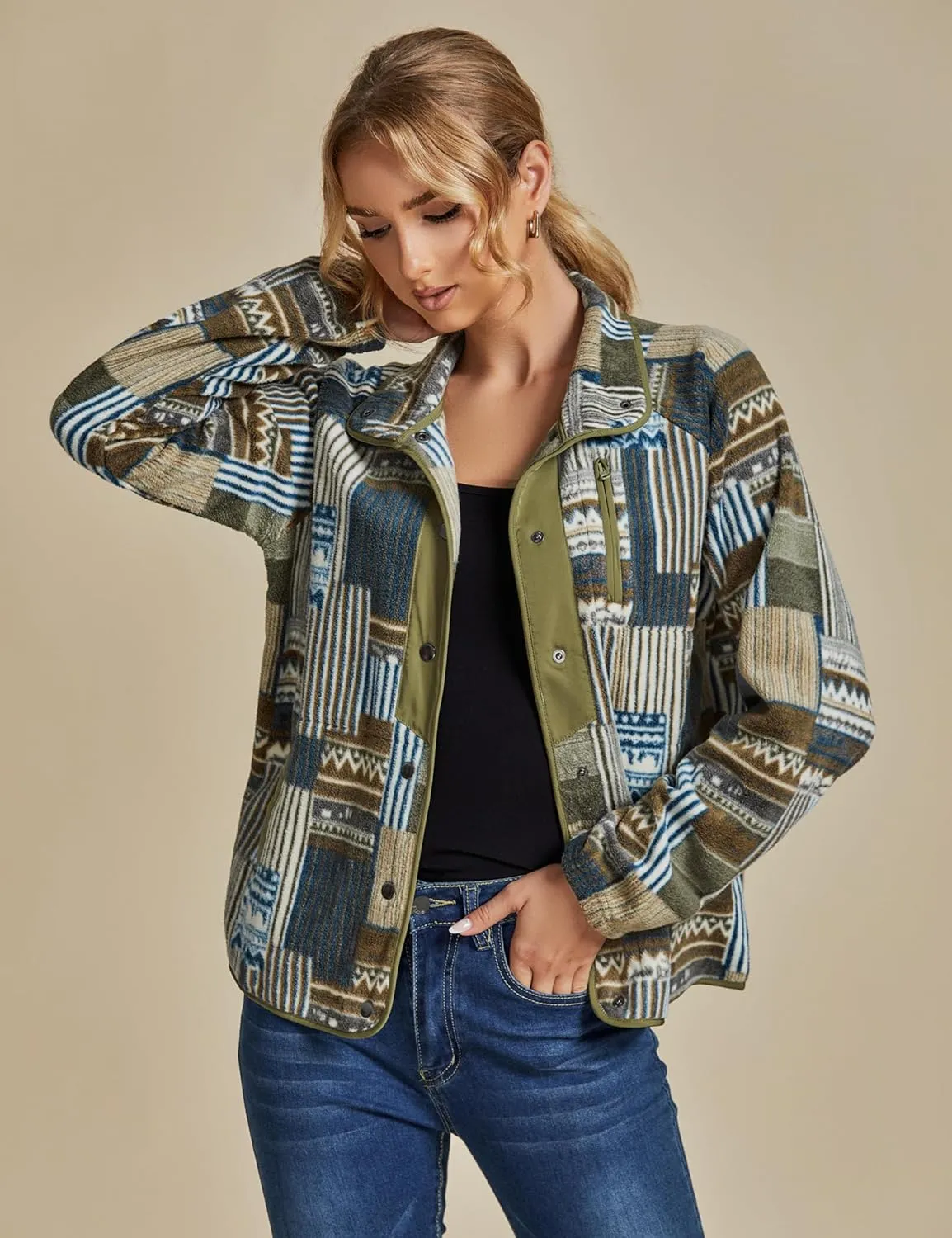 luvamia Fleece Jacket Women Winter Western Aztec Print Fall Button Down Shacket Lightweight Coat with Pockets