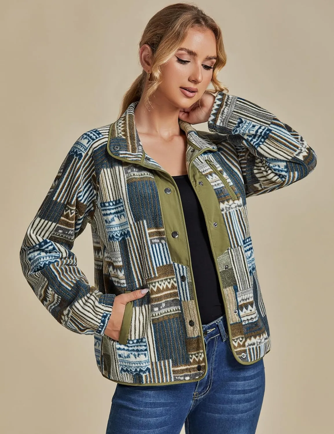 luvamia Fleece Jacket Women Winter Western Aztec Print Fall Button Down Shacket Lightweight Coat with Pockets