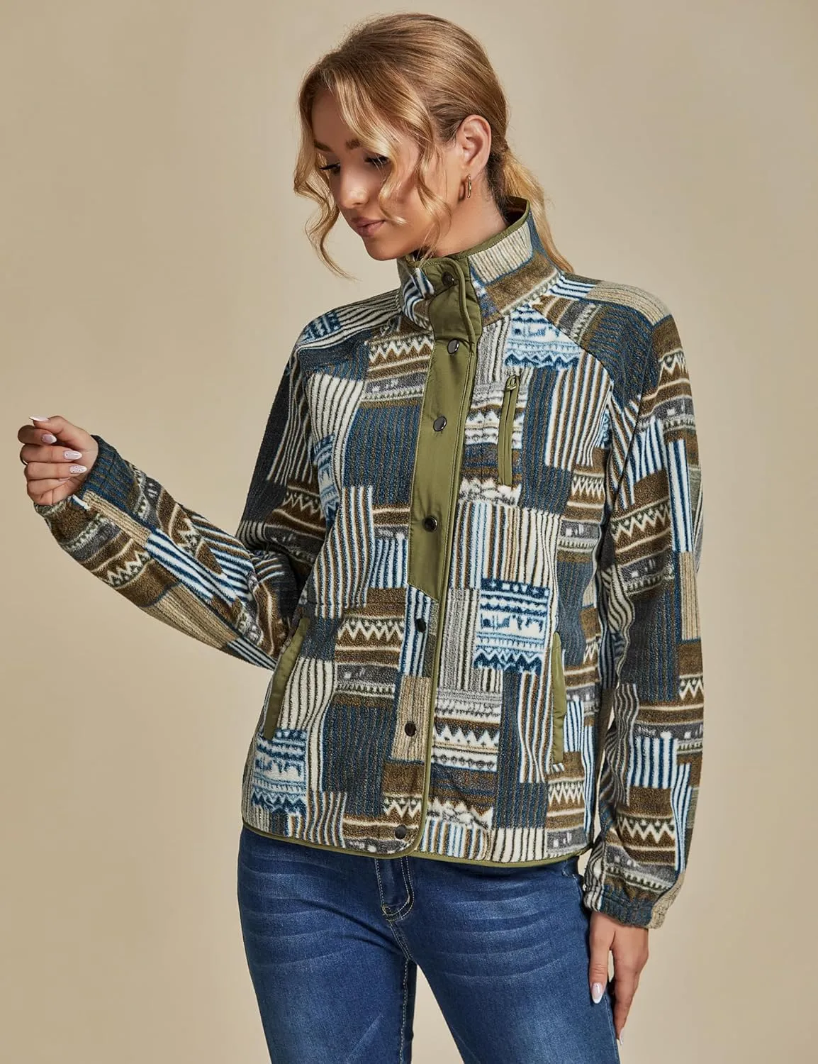 luvamia Fleece Jacket Women Winter Western Aztec Print Fall Button Down Shacket Lightweight Coat with Pockets
