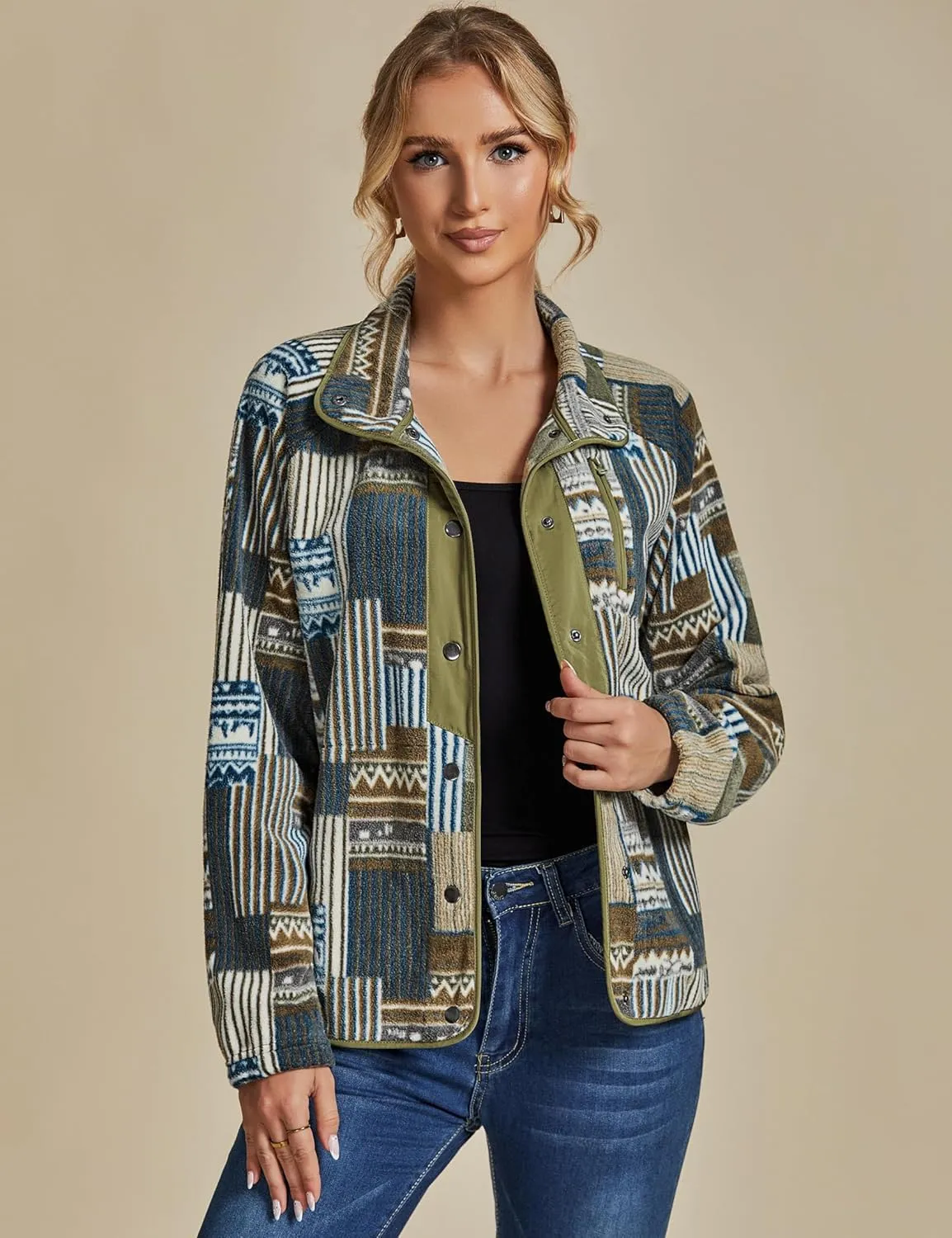 luvamia Fleece Jacket Women Winter Western Aztec Print Fall Button Down Shacket Lightweight Coat with Pockets