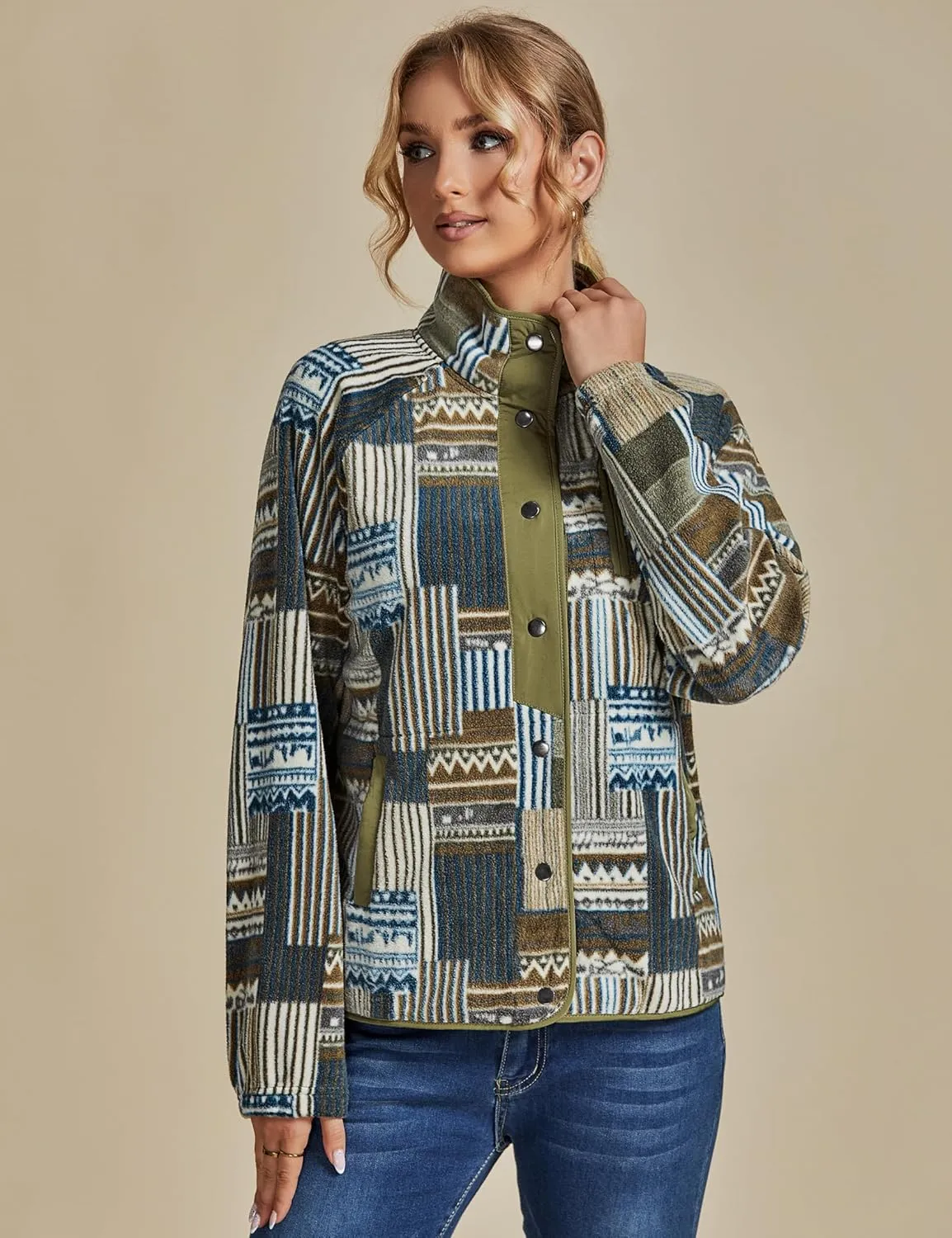 luvamia Fleece Jacket Women Winter Western Aztec Print Fall Button Down Shacket Lightweight Coat with Pockets