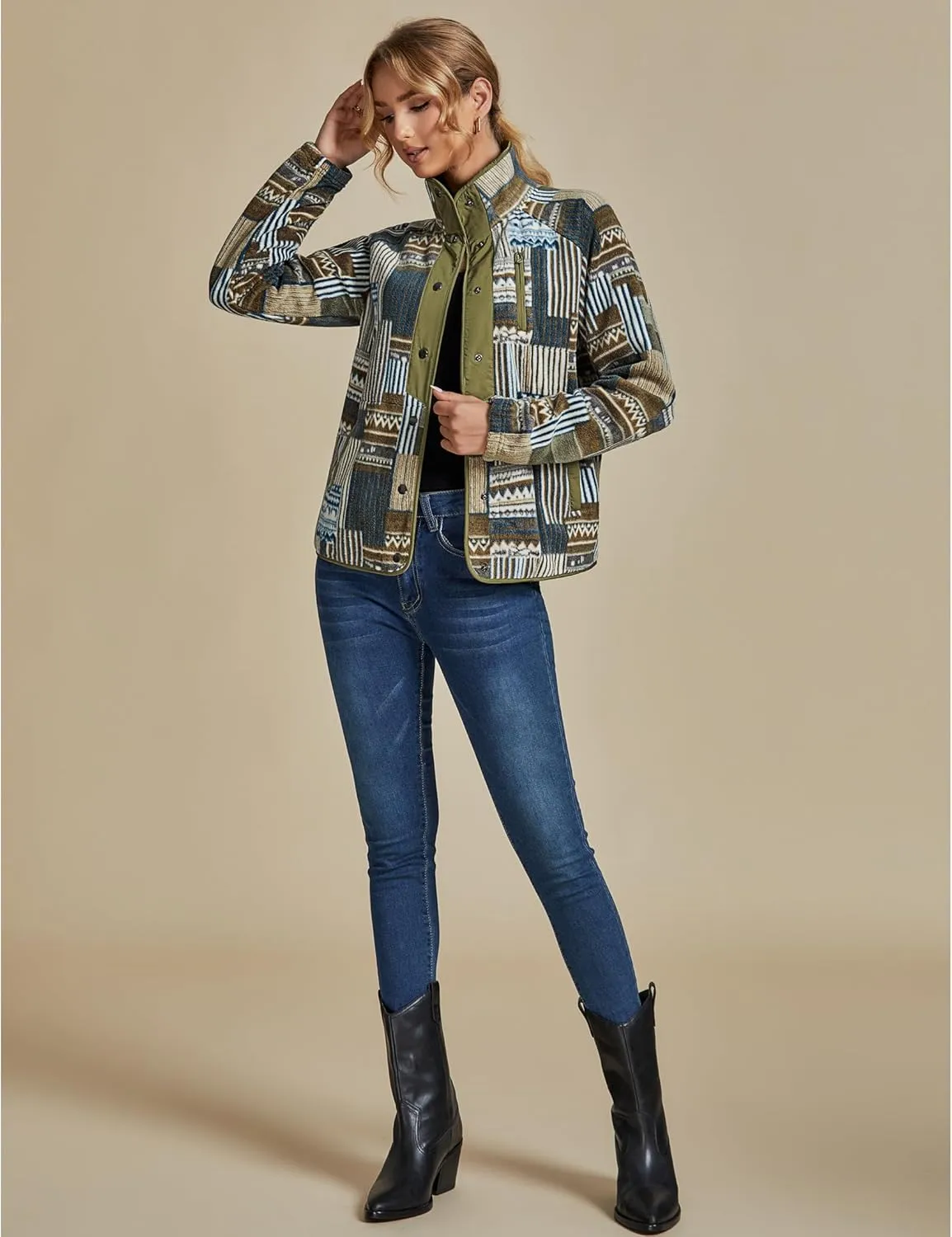 luvamia Fleece Jacket Women Winter Western Aztec Print Fall Button Down Shacket Lightweight Coat with Pockets
