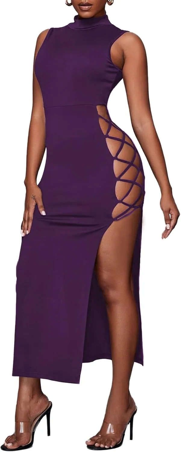 LYANER Women's Sexy Mock Neck Cut Out Side Lace Up Sleeveless Bodycon Maxi Tank Dress