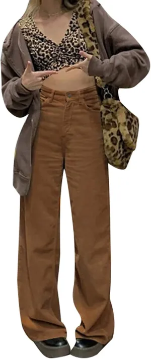 Madjtlqy Women's Casual Pants for Work Mid Waisted Solid Color Y2K Straight Leg Cargo Pants Baggy Trendy Wide Leg Trousers