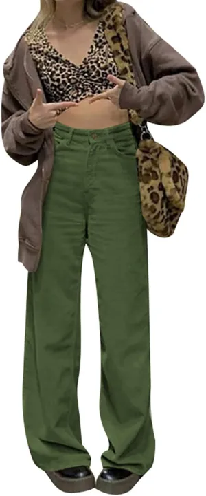 Madjtlqy Women's Casual Pants for Work Mid Waisted Solid Color Y2K Straight Leg Cargo Pants Baggy Trendy Wide Leg Trousers