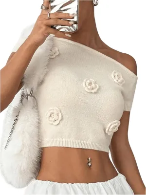 MakeMeChic Women's 3D Flower One Shoulder Sweater Pullovers Cap Sleeve Knit Crop Tops