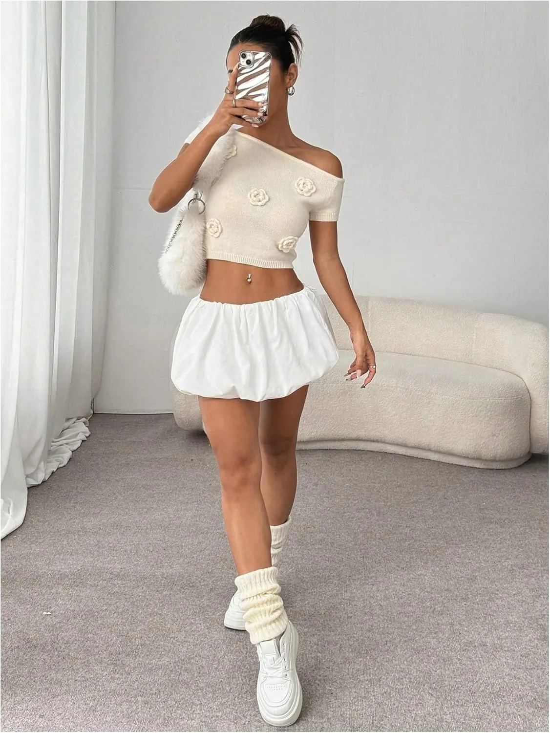 MakeMeChic Women's 3D Flower One Shoulder Sweater Pullovers Cap Sleeve Knit Crop Tops