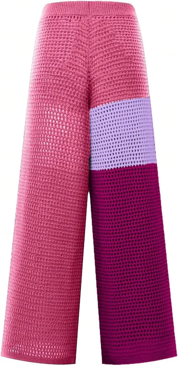 MakeMeChic Women's Crochet Wide Leg Pants Tie Waist Colorblock Hollow Out Trousers Knit Baggy Y2K Trousers
