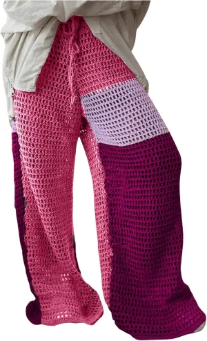MakeMeChic Women's Crochet Wide Leg Pants Tie Waist Colorblock Hollow Out Trousers Knit Baggy Y2K Trousers