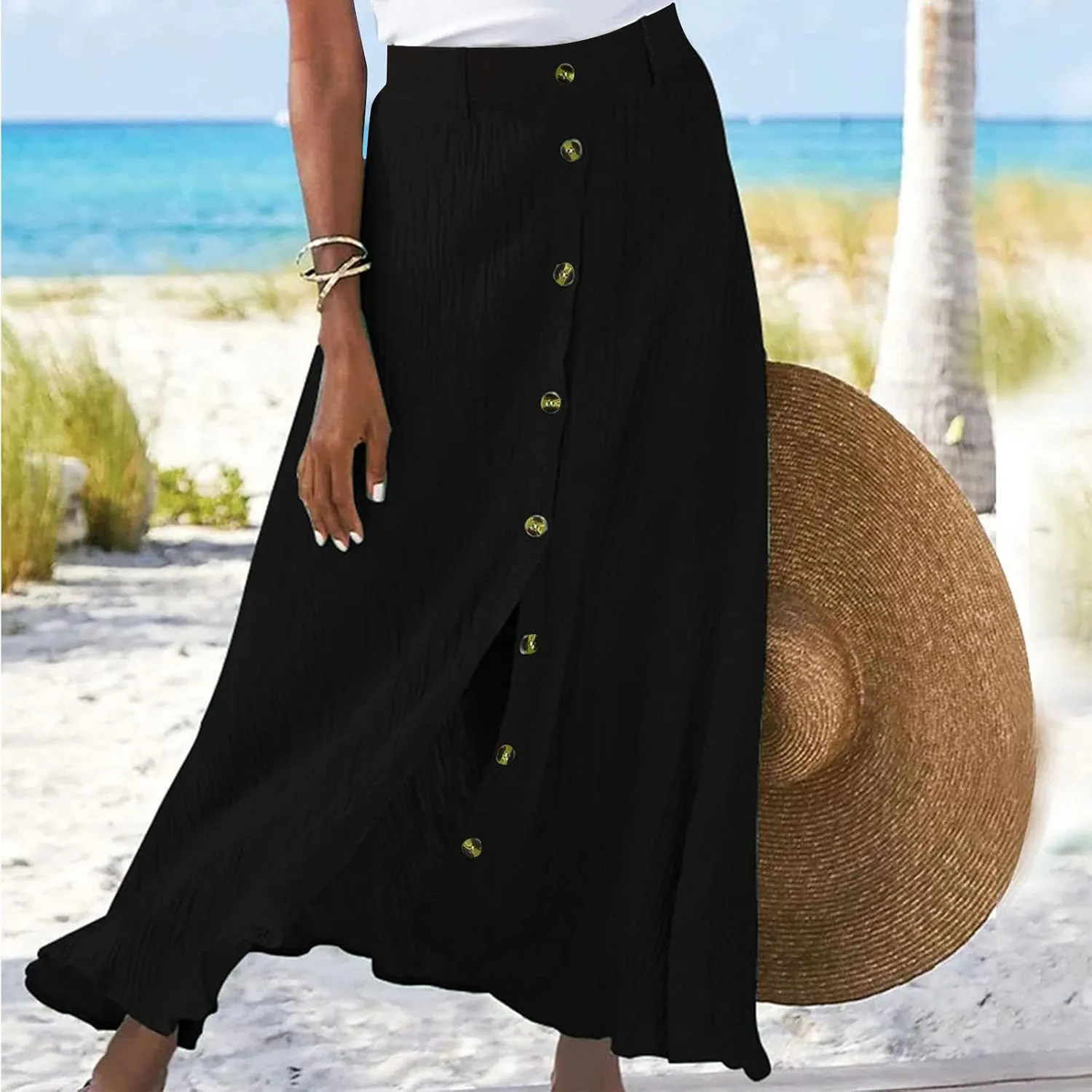Maxi Skirts for Women Summer Casual Button Front Long Skirt with Slit Mid Waisted A Line Skirt Vacation Beach Outfits