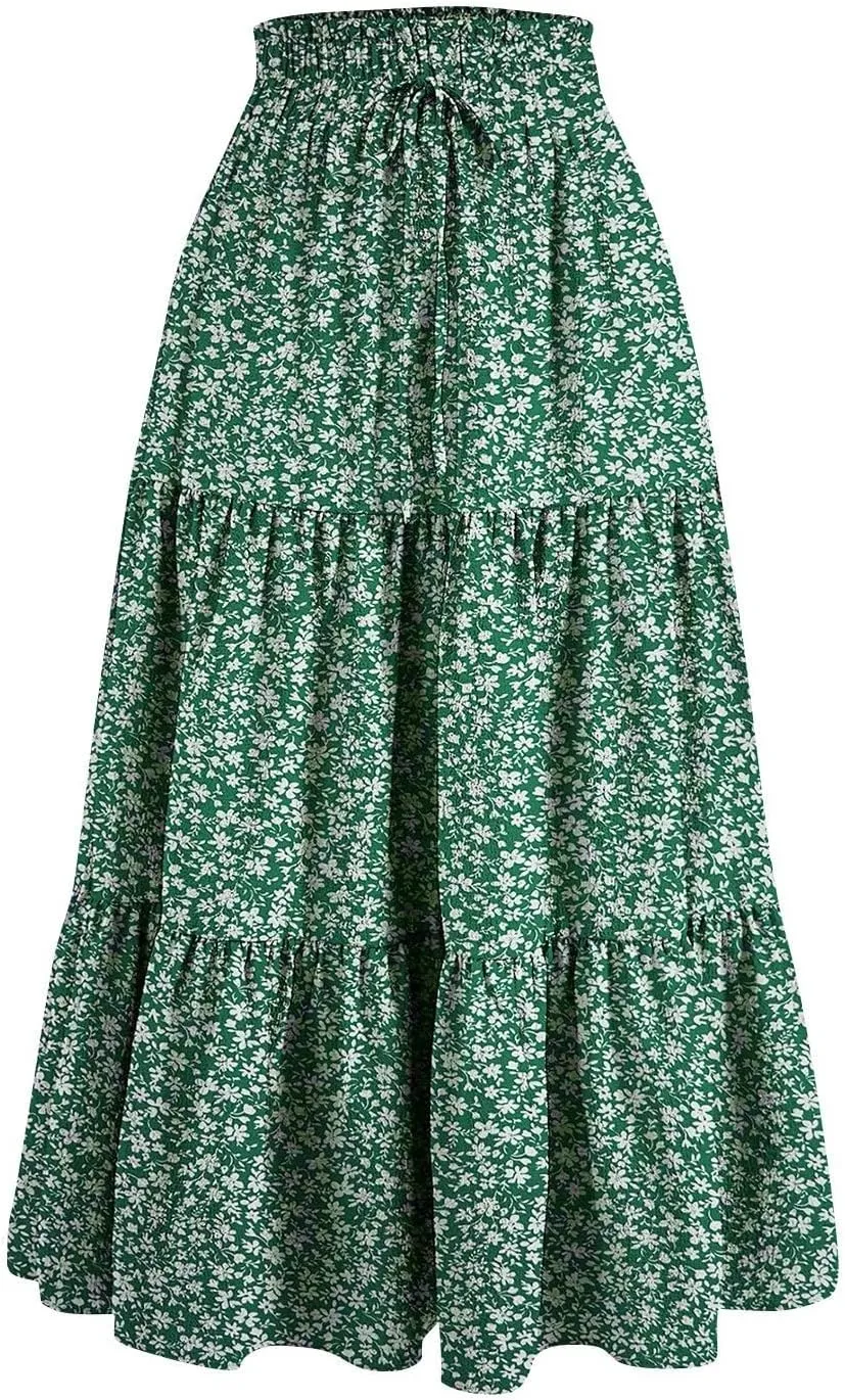 Maxi Skirts for Women Summer Maxi Skirt Elastic High Waist Flowy Pure/Boho Long Skirts 3 Tiered Ruch Skirt