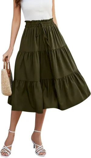 Maxi Skirts for Women Summer Maxi Skirt Elastic High Waist Flowy Pure/Boho Long Skirts 3 Tiered Ruch Skirt