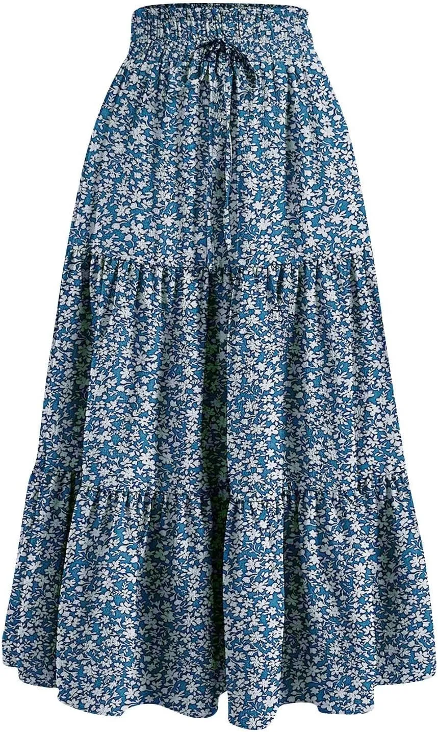 Maxi Skirts for Women Summer Maxi Skirt Elastic High Waist Flowy Pure/Boho Long Skirts 3 Tiered Ruch Skirt