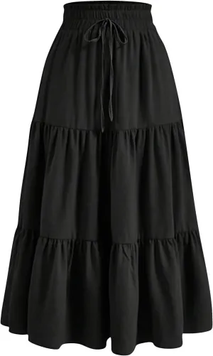 Maxi Skirts for Women Summer Maxi Skirt Elastic High Waist Flowy Pure/Boho Long Skirts 3 Tiered Ruch Skirt