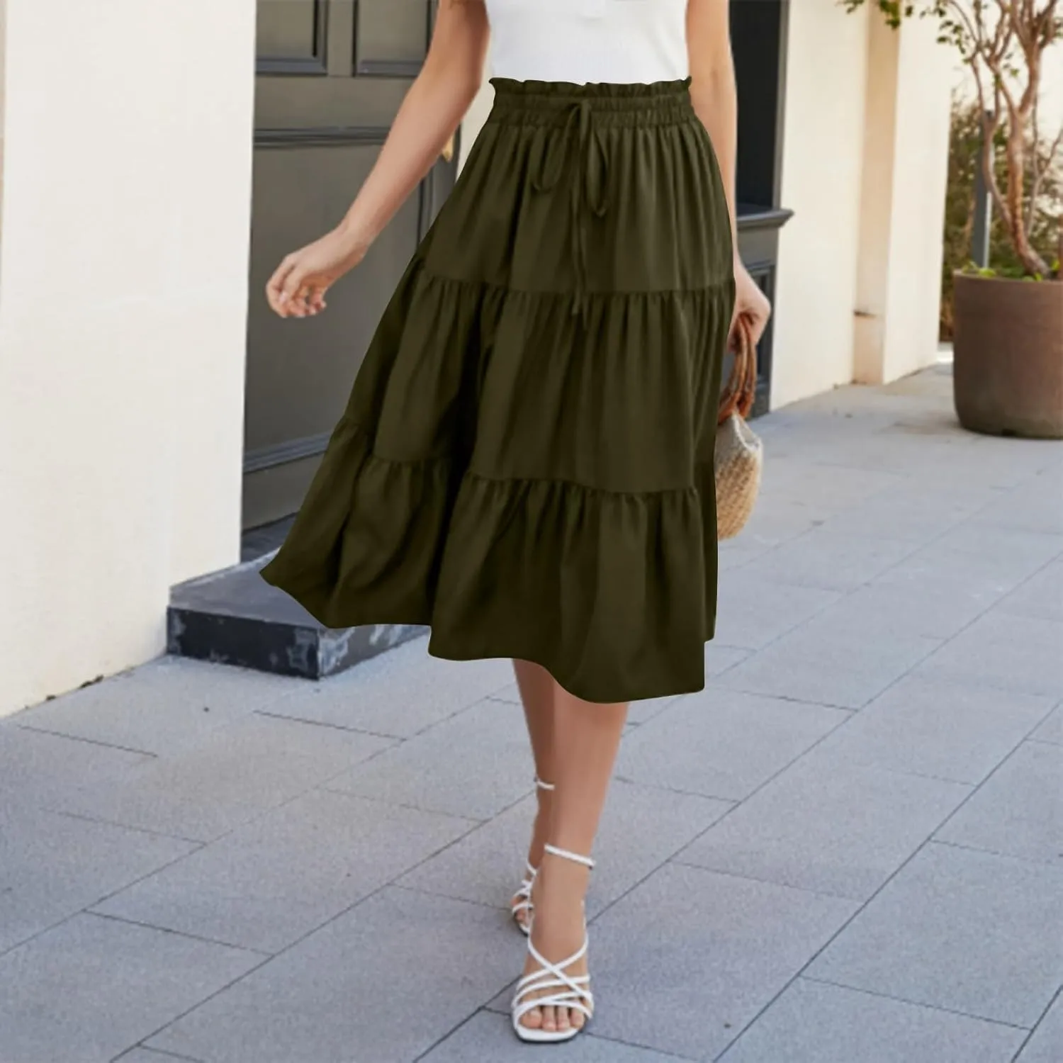 Maxi Skirts for Women Summer Maxi Skirt Elastic High Waist Flowy Pure/Boho Long Skirts 3 Tiered Ruch Skirt