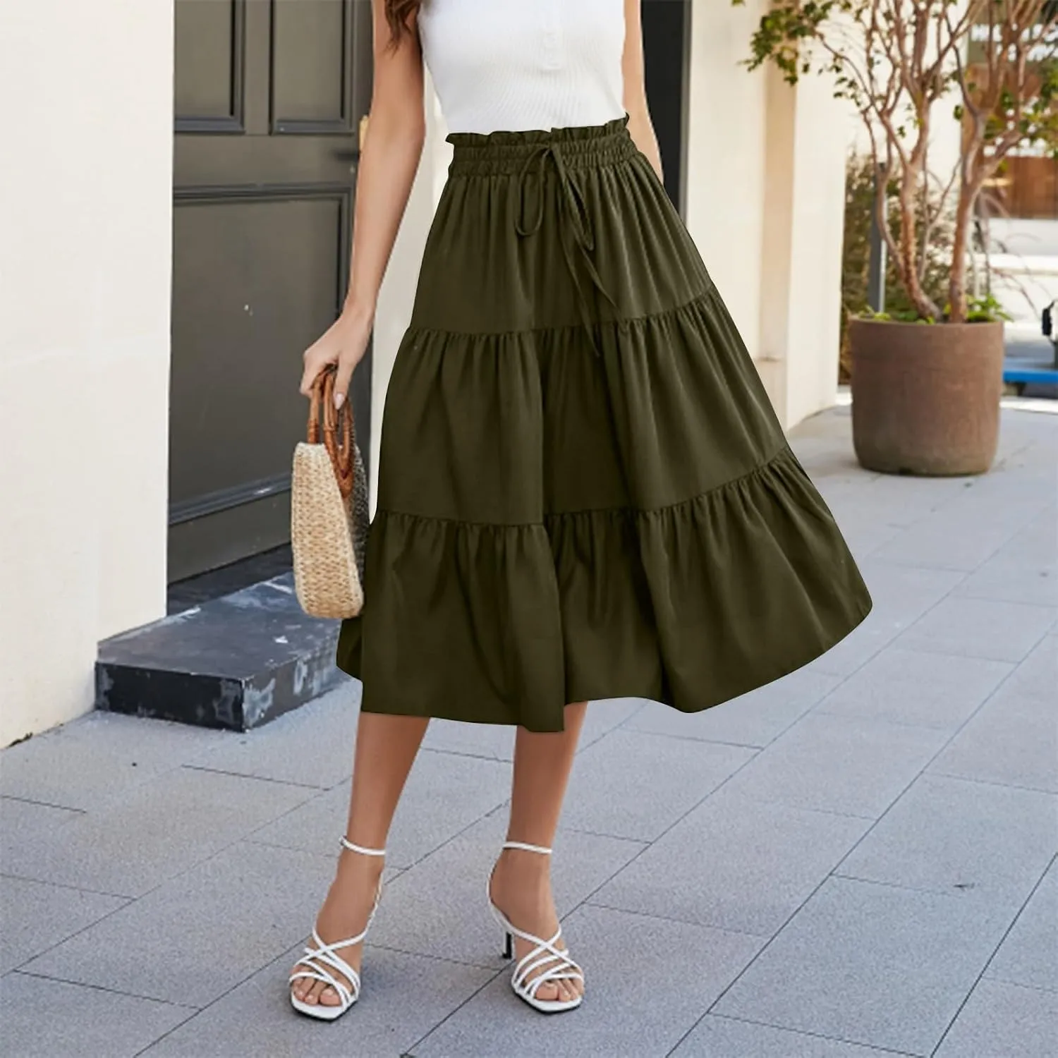 Maxi Skirts for Women Summer Maxi Skirt Elastic High Waist Flowy Pure/Boho Long Skirts 3 Tiered Ruch Skirt
