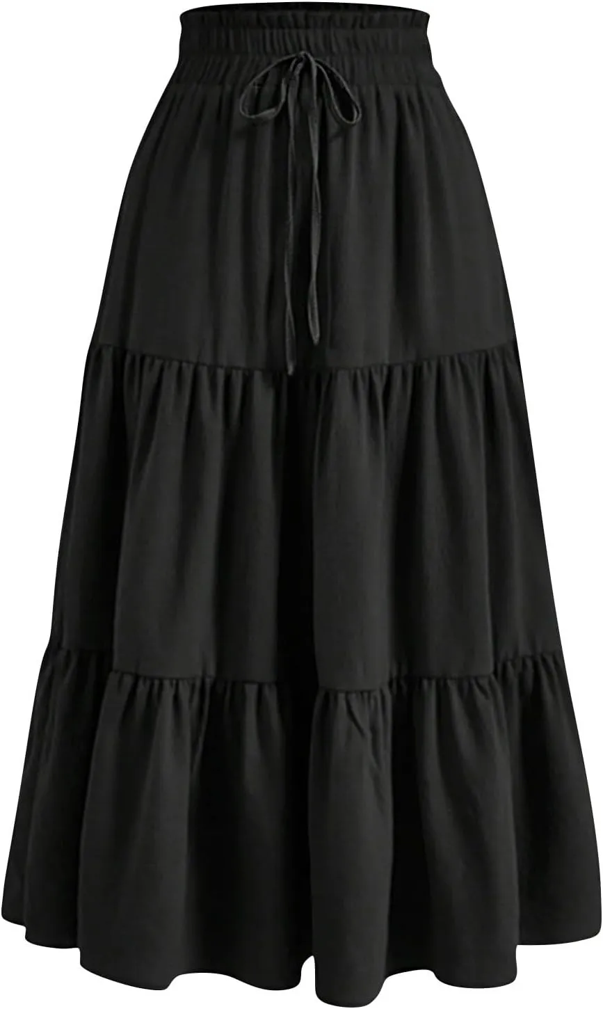 Maxi Skirts for Women Summer Maxi Skirt Elastic High Waist Flowy Pure/Boho Long Skirts 3 Tiered Ruch Skirt